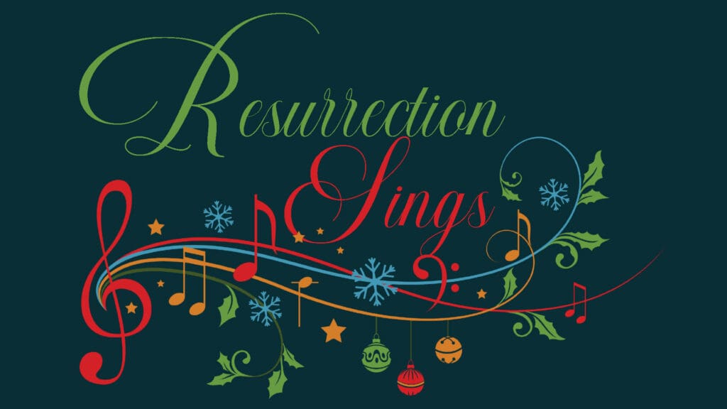 Colorful notes and ornaments beneath script title