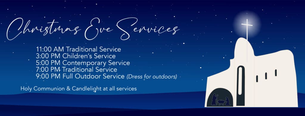 Christmas Eve services schedule with church and nativity
